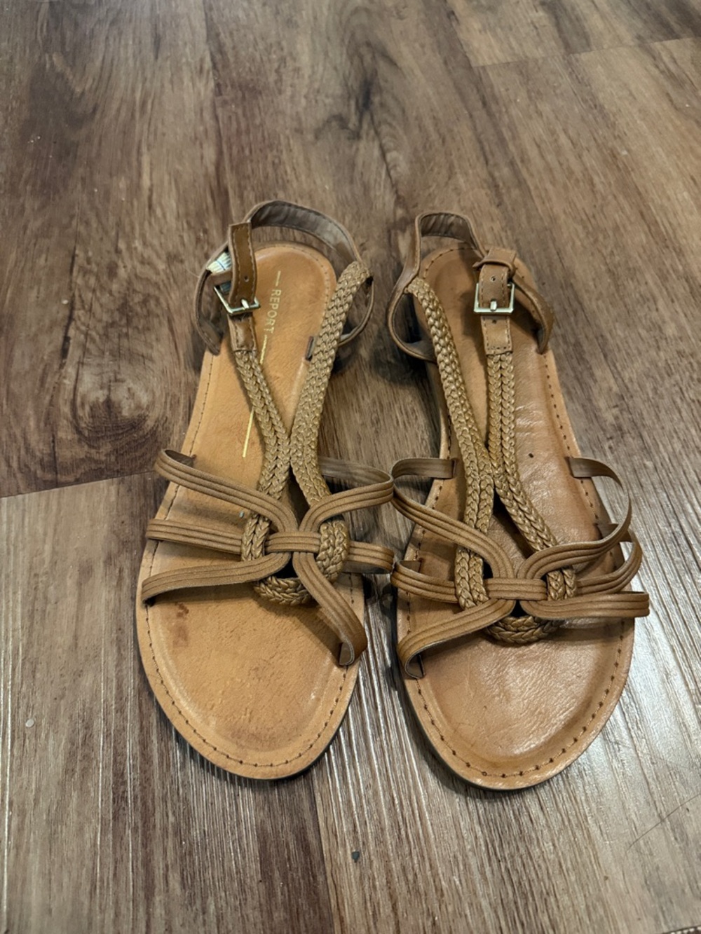 Report Tan Braided T-Strap Sandals